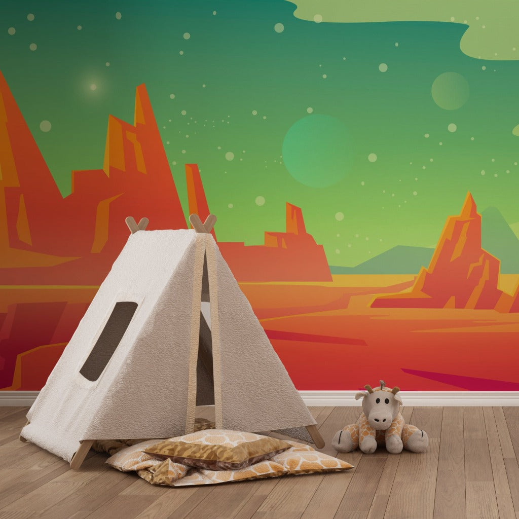 A children's playroom featuring a teepee-style play tent and a stuffed animal on a wooden floor, with a vibrant Decor2Go Wallpaper Mural of a stylized, colorful desert landscape.