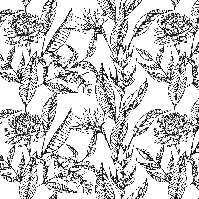 A seamless black and white floral pattern featuring detailed line drawings of Hawaii's flowers and foliage. The design shows repeated motifs of blooms and slender leaves with the Paradise Flower Wallpaper Mural from Decor2Go Wallpaper Mural.