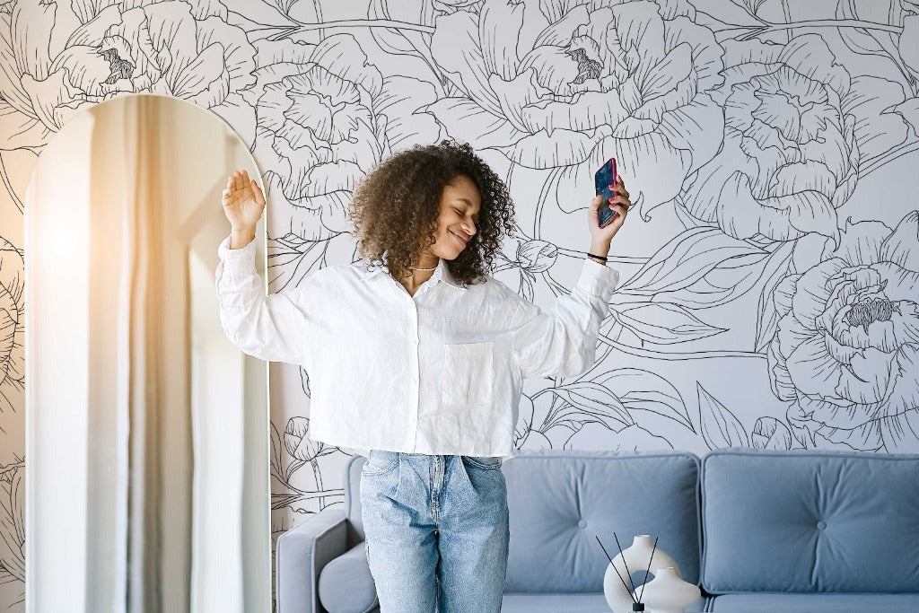 Peonies Outline Wallpaper Mural in the livingroom black and white