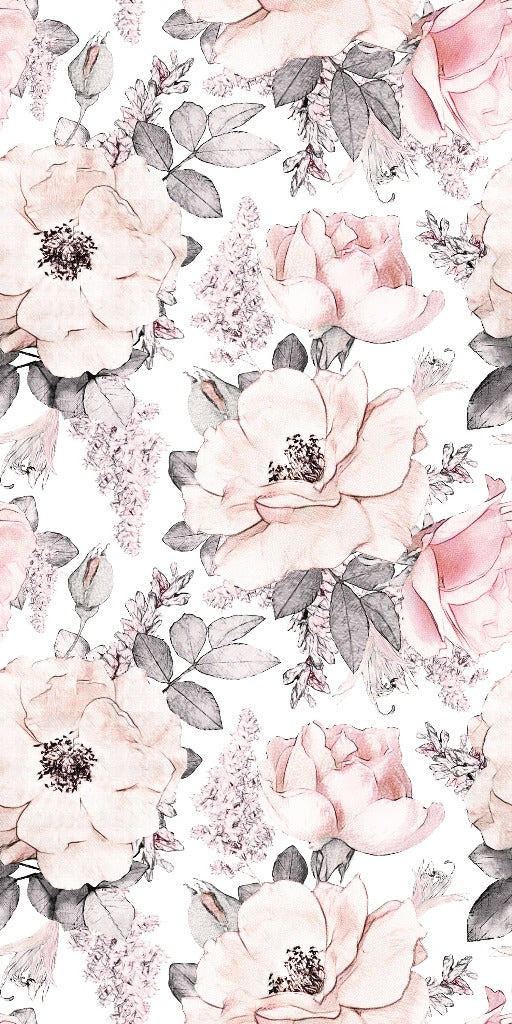 A seamless Decor2Go Wallpaper Mural featuring soft pink roses, delicate peonies, and various leaves in pastel tones against a white background. The design exudes elegance and romance, making