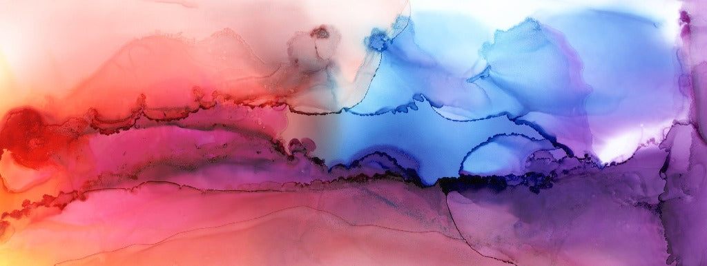 Abstract, panoramic Decor2Go Rainbow Haze Wallpaper Mural featuring fluid blends of red, pink, blue, and purple hues with intricate, vein-like patterns throughout.