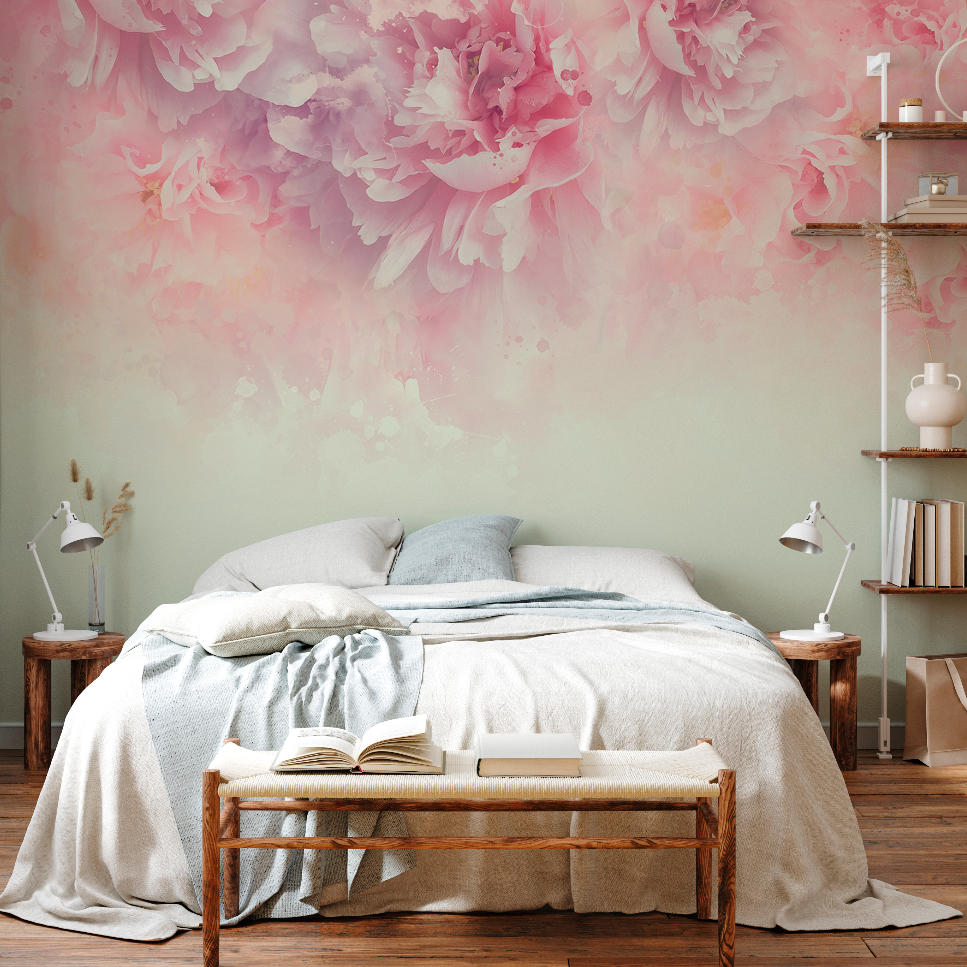 A serene bedroom with a large bed covered in a light gray duvet. The wall behind features a large Rose Peonies Wallpaper Mural in soft pink tones by Decor2Go Wallpaper Mural. A wooden bench with an open book and a laptop.