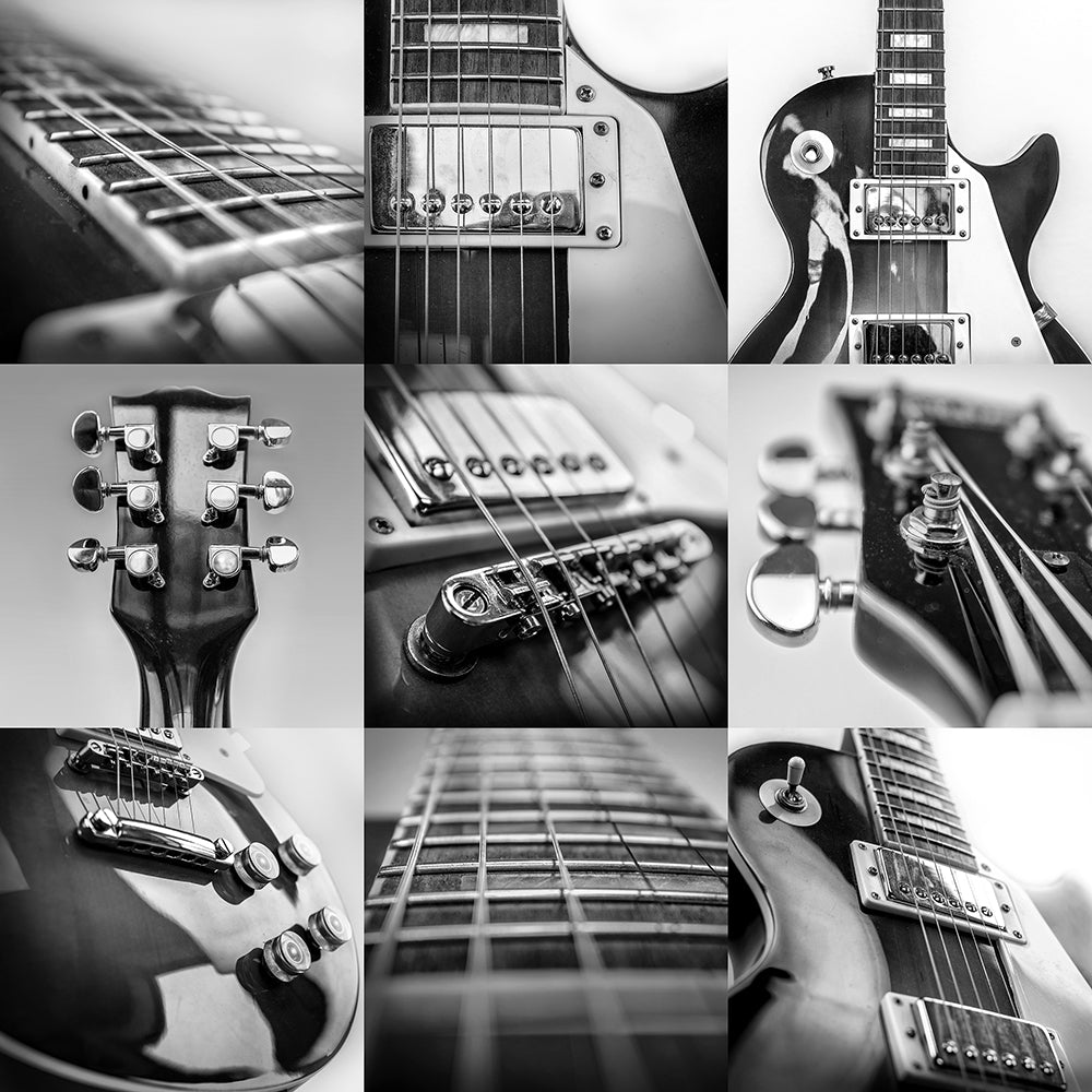 A collage of nine black and white close-up photos showcasing various parts of a bass guitar, including frets, tuning pegs, and pickups can be found in the Slash Strum Wallpaper Mural by Decor2Go Wallpaper Mural.