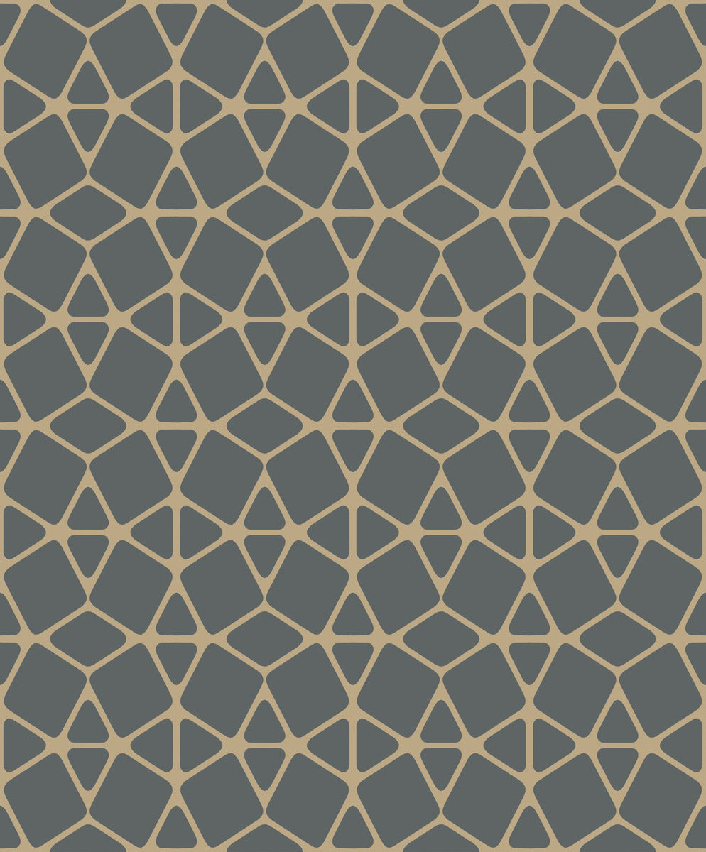 A seamless geometric pattern featuring dark blue pentagons and beige hexagons arranged in a grid, creating a visually intricate and symmetrical design. Each shape repeats uniformly across the image, forming a tessellated effect perfect for geometric home decor or Facet Geometric Wallpaper by York Wallcoverings.