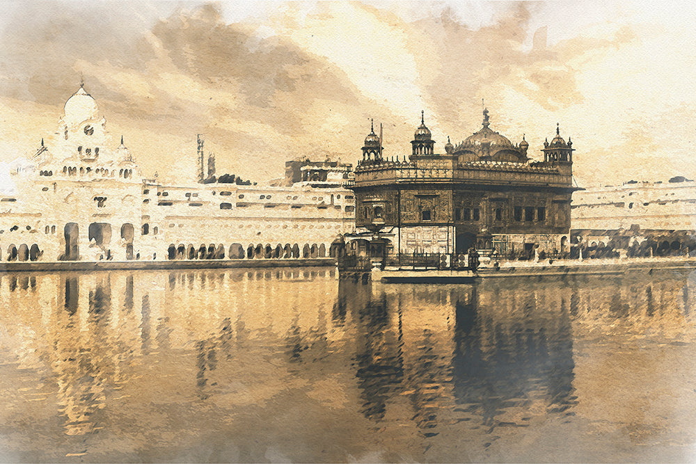 Vintage-inspired wallpaper of the Golden Temple in Amritsar, India, reflecting beautifully on the serene waters surrounding it, with a clear sky above. - Decor2Go Wallpaper Mural of the Golden Temple