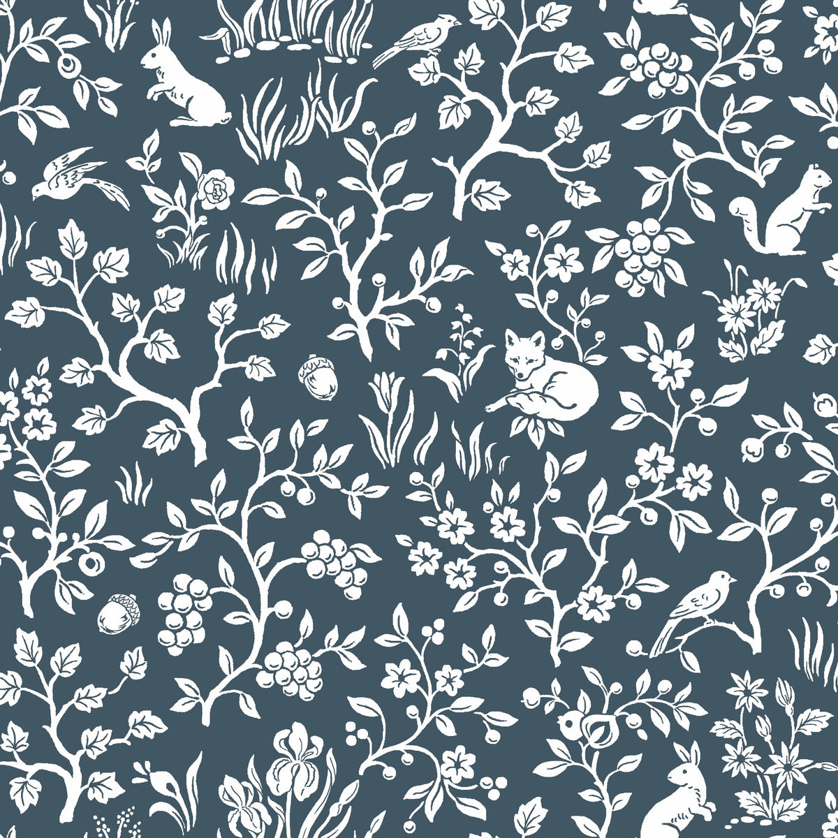A detailed, repeating pattern features white, intricately drawn plants, flowers, and animals like rabbits, birds, and squirrels on a dark blue background. The dense and whimsical design of this Fox & Hare (56 SqFt) wallpaper by York Wallcoverings creates a charming, nature-inspired tapestry effect.