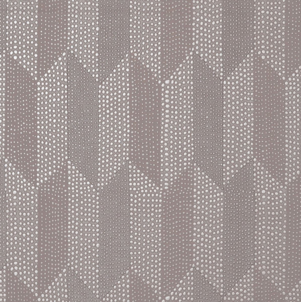 The Cosmopolitan Wallpaper by York Wallcoverings showcases an intricate geometric pattern with rows of metallic dots forming arrow shapes that point upwards. This design, in the Dark Oyster colorway, incorporates shades of beige and light brown to create a textured, raised effect across 60 square feet.