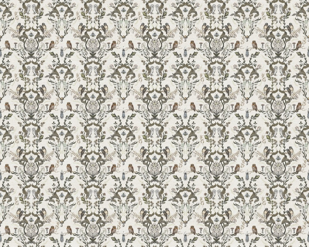 A seamless Vintage Owls Garden Wallpaper Mural from Decor2Go Wallpaper Mural with muted tones of beige, gray, and white, featuring intricate flowers and elegant leaf designs.