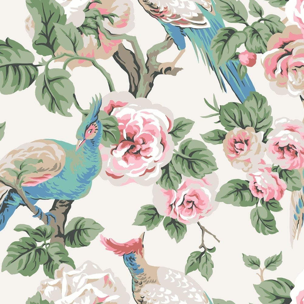 A decorative wallpaper pattern featuring vibrant birds, including peacocks with colorful plumage, perched on branches amidst lush greenery and large blooming pink roses. The design is intricate with a blend of green, blue, pink, and white, creating an elegant and timeless look in a large scale pattern. The product is called Garden Rose and Plume (60 SqFt) by York Wallcoverings.