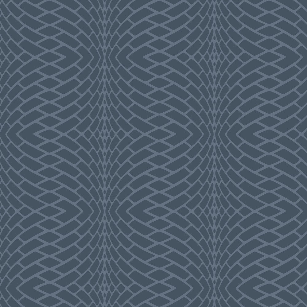 A seamless pattern featuring interlacing, wavy lines in shades of dark and light blue, creating a geometric, mesh-like effect on a deep blue background. The vinyl-coated design has a sense of depth and movement, resembling York Wallcoverings' Illusion Texture (60 SqFt) with a woven or tiled texture.