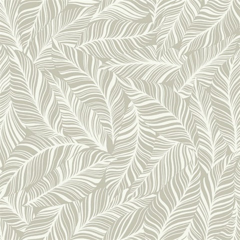 Patterned wallpaper featuring a repetitive design of overlapping leaves with fine lines. The white leaves boast thin, detailed veins against a light, muted beige background, evoking the subtle yet intricate essence of Rainforest Canopy Wallpaper (60 SqFt) by York Wallcoverings.