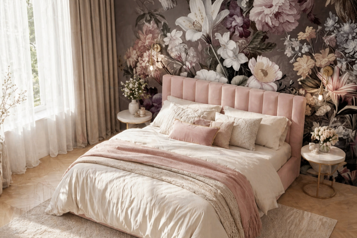nature bedroom wall murals with blooming meadow florals in a soft feminine bedroom with blush headboard and light textures