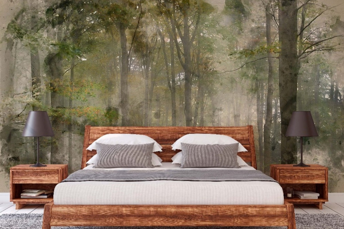 Bedroom wall mural ideas featuring misty forest wallpaper mural with tall trees behind a wooden bed in a calm nature-inspired bedroom