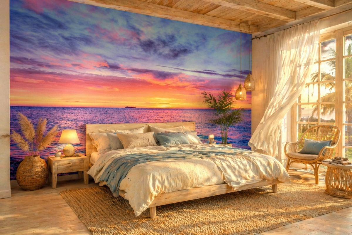 Coastal sunset bedroom wall mural with warm lighting and airy decor, capturing relaxing bedroom wall mural trends 2026