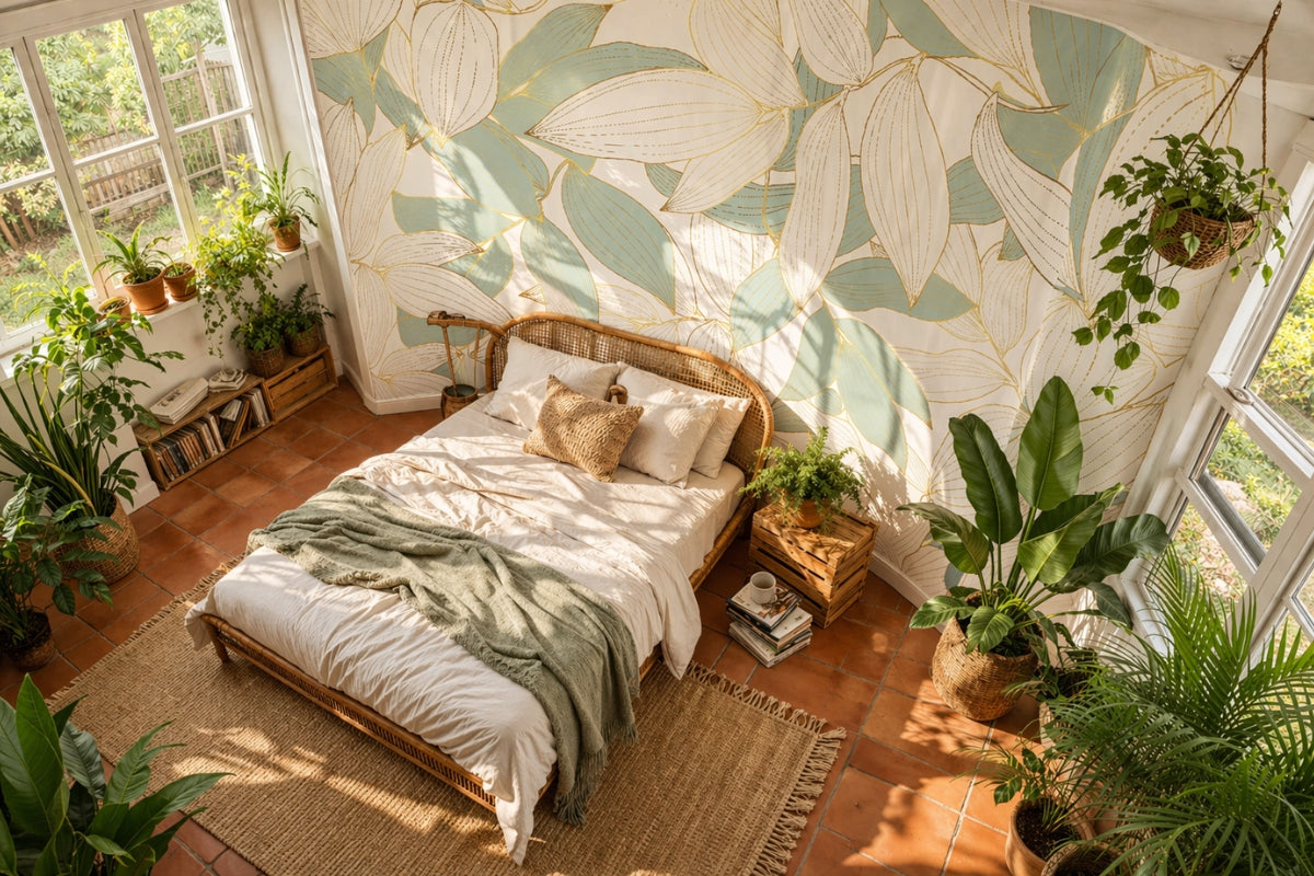Large botanical leaf wall mural in a sunlit bedroom with rattan bed and indoor plants, nature-inspired bedroom mural ideas for small rooms with a tropical feel