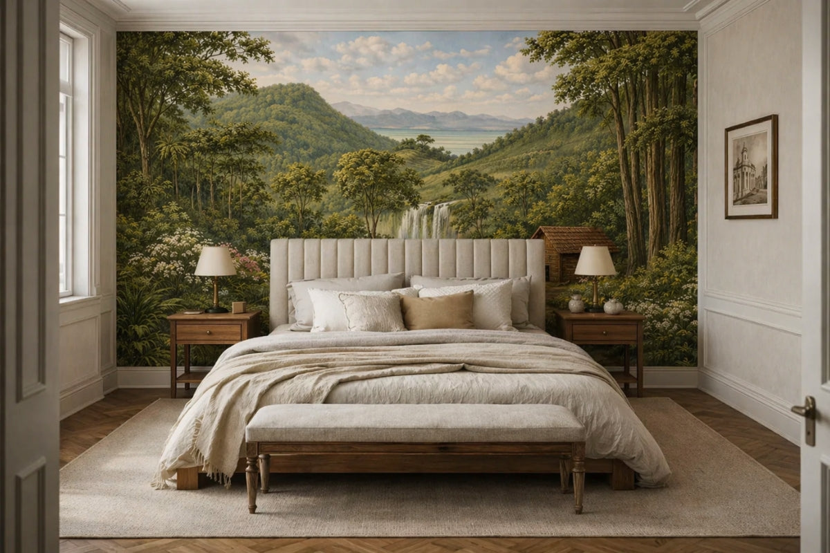 Aesthetic bedroom wall murals featuring a scenic landscape with mountains, trees, and waterfall add a classic, elegant touch to a bright bedroom with neutral furnishings.