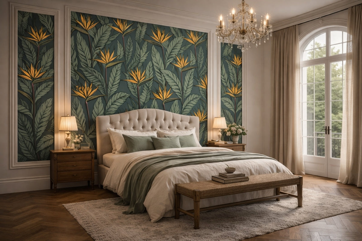Classic elegant bedroom styled with a Vintage Botanical Garden Wallpaper Mural, tufted headboard, chandelier lighting, and soft neutral tones.
