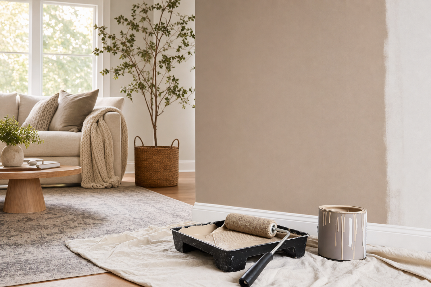 Paint roller and tray beside a freshly painted accent wall