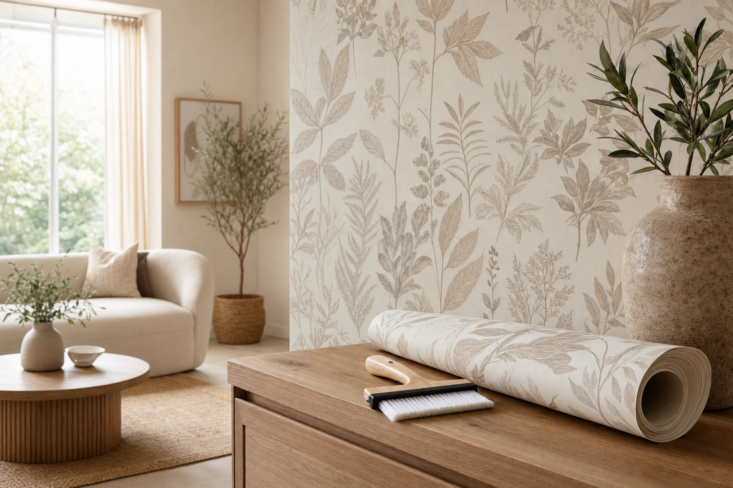 Feature wall with wallpaper, smoothing brush and roll on a side table