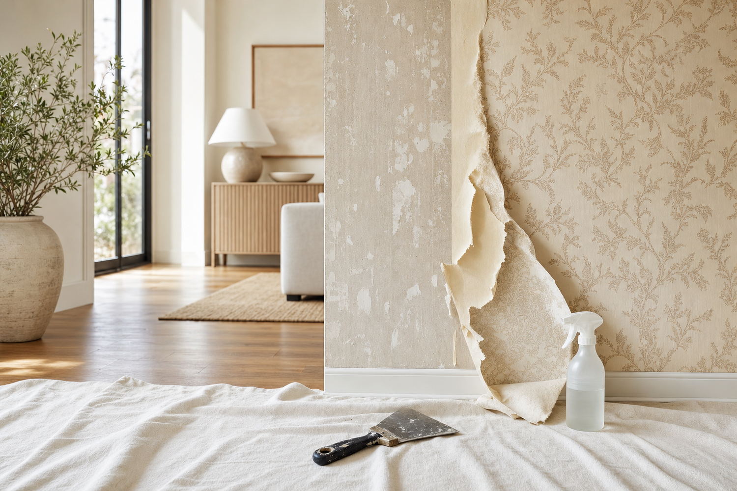 Wall mid renovation with wallpaper partly peeled and tools on a drop cloth