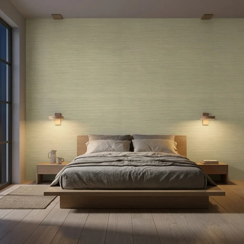 Warwick wallpaper in warm ivory in a bedroom