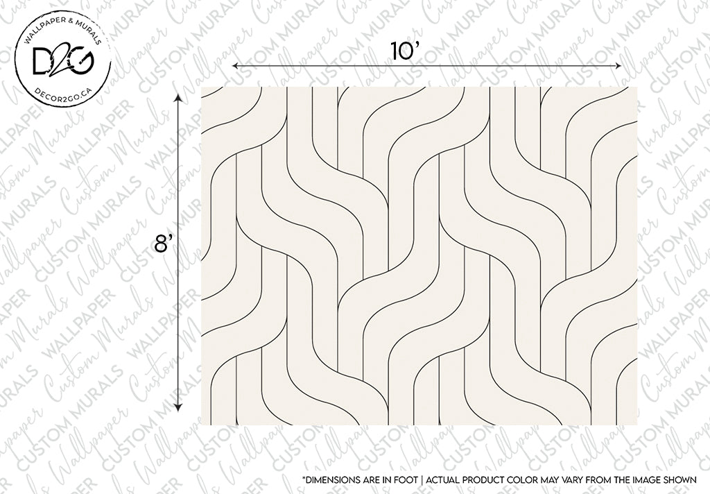 Image of Decor2Go Wallpaper Mural with an abstract curved lines pattern. The wavy pattern consists of vertical, wavy lines in brown on a light beige background. The Wavy Pattern Wallpaper Mural measures 10 feet in width and 8 feet in height. A note indicates actual product color may vary from the image shown.
