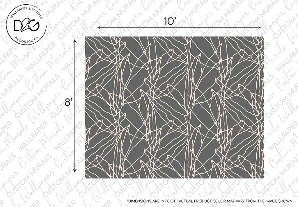 An image displaying a 10' by 8' geometric patterned A Modern Twist Wallpaper Mural design with white lines intersecting over a dark gray background. The dimensions are noted, with a warning that the actual product color may vary.