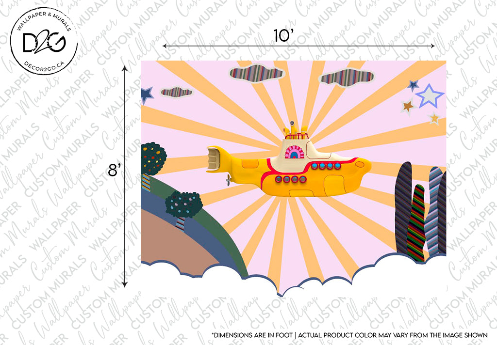 An illustration of a whimsical yellow submarine adorned with red accents and a crown, floating in a vibrant sky with orange and pink sun rays. Surrounding the submarine are colorful abstract hills, a rainbow structure, and floating stars. Perfect for kids' wallpaper with its whimsical design. Image dimensions: 10' x 8'. 

Product: Decor2Go Wallpaper Mural's "A Rainbow of Fun Wallpaper Mural