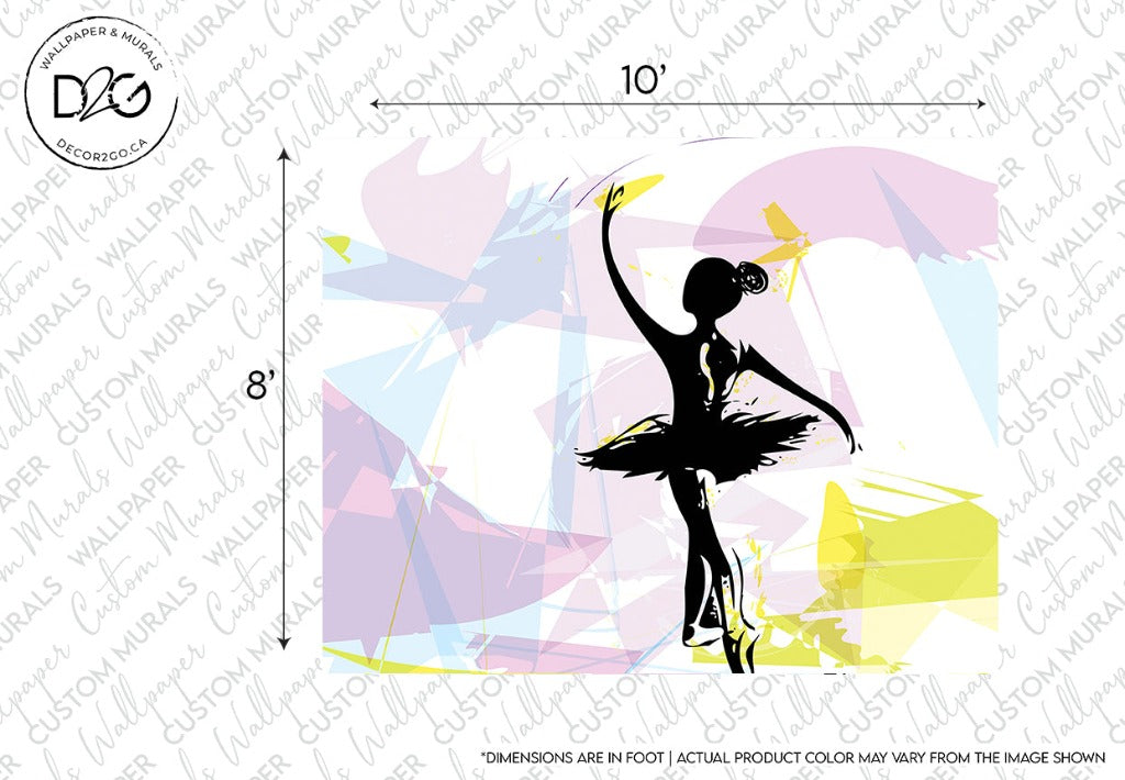 A vibrant, abstract Ballet Dancer Silhouette Wallpaper Mural featuring a silhouette of a ballerina in a black tutu, poised on one leg and holding an umbrella, against a colorful, geometric background with dimensions marked for Decor2Go Wallpaper Mural.