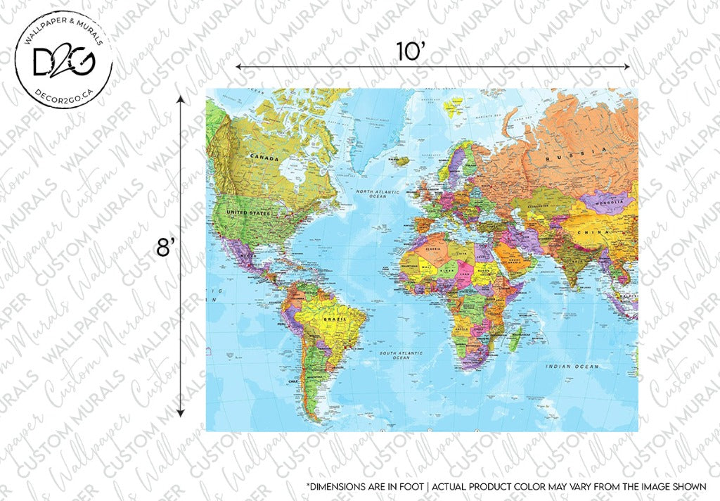 A colorful cartography Bright World Map Wallpaper Mural by Decor2Go showing country boundaries, major cities, and geographical features. Presented in a Mercator projection and includes dimensions indicating a 10 by 8 feet size.