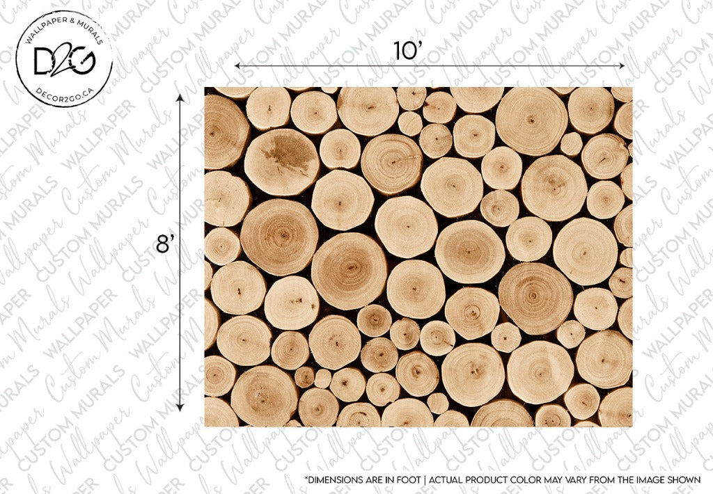 A Decor2Go Wallpaper Mural featuring neatly arranged circular cross-sections of light wood logs, covering a 10 by 8 feet area. The natural patterns and rings of the wood are clearly visible, giving it a realistic and rustic look.