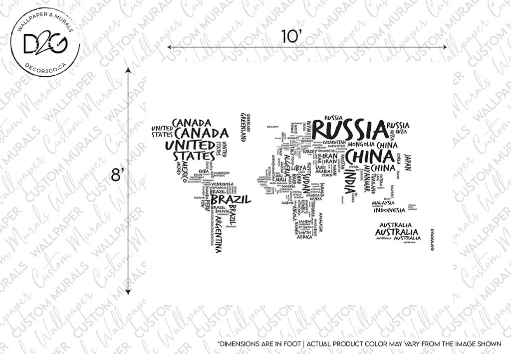 Vintage black and white world map with countries' names arranged in the shape of their geographical outlines on a grid background, ideal for travel enthusiasts, like the Country Names Map Wallpaper Mural from Decor2Go Wallpaper Mural.
