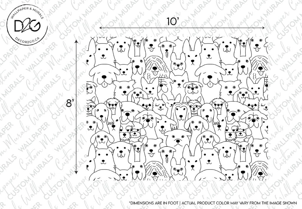 Black and white Dog Loft Wallpaper Mural by Decor2Go Wallpaper Mural featuring a variety of dogs in different poses and expressions, packed closely together, covering the entire image. Measures 10 by 8 feet.