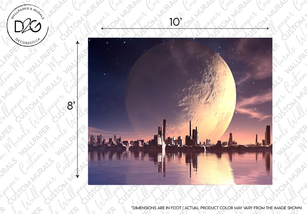 A futuristic Decor2Go Wallpaper Mural at sunset with a large planet rising in the background, reflected over calm water, dimensions labeled at 10 by 8 feet.