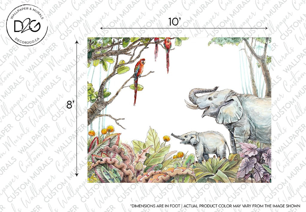 Escape to the Jungle Wallpaper Mural by Decor2Go Wallpaper Mural featuring a jungle scene with an elephant and its calf, a parrot on a branch, dense foliage, and colorful flowers.