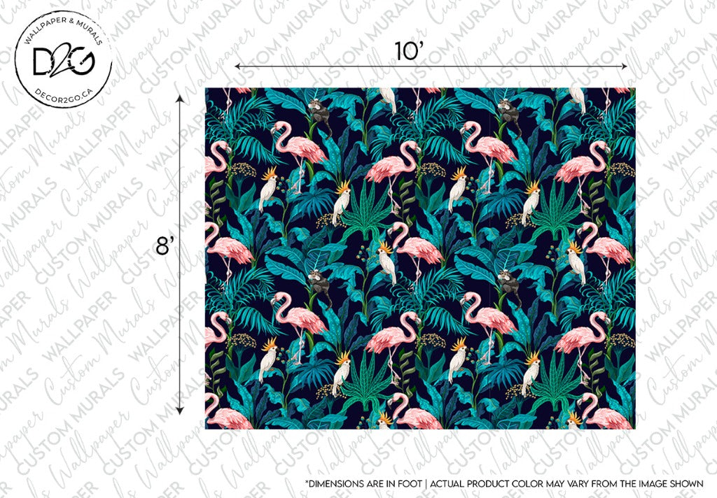 A vibrant colour palette enhances the Flamingo Fever Wallpaper Mural from Decor2Go Wallpaper Mural, showcasing pink flamingos among green tropical leaves and white flowers on a dark blue background. The image includes measurement indicators and a logo at the top left.