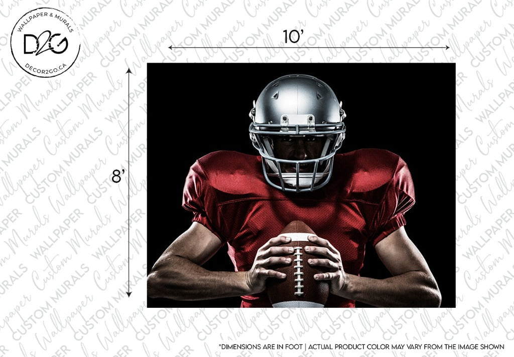 A focused Decor2Go Wallpaper Mural Football Player wallpaper mural in a red jersey and helmet holding a football, ready to play, with a watermark and product dimension annotations.