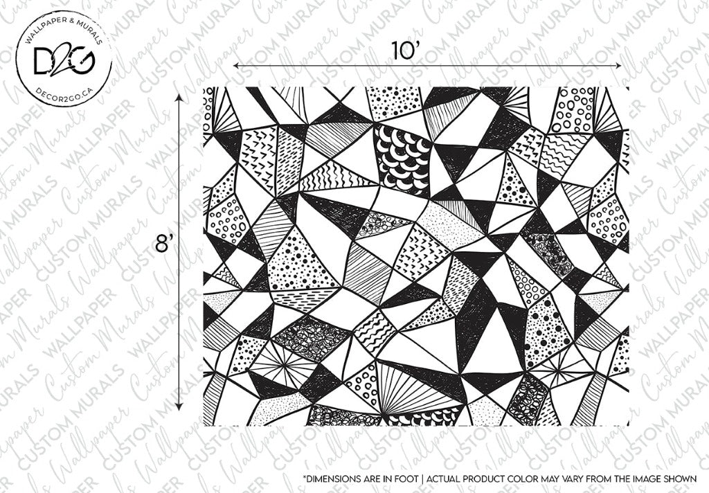 Abstract geometric pattern featuring various black and white shapes; some filled with detailed textures. Measurements on sides indicate the size of the Decor2Go Geometric Black & White Wallpaper Mural.