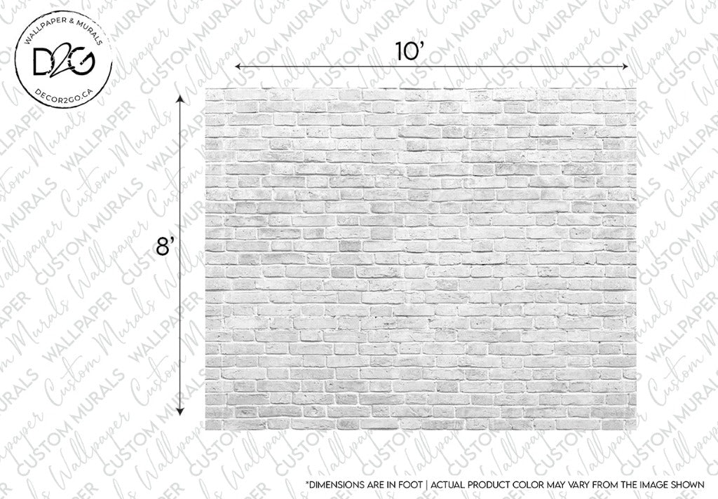 This image shows a Decor2Go Wallpaper Mural "Great White Wall Wallpaper Mural" with dimensions labeled as 10 feet by 8 feet. A disclaimer notes that actual product color may vary from the image shown.