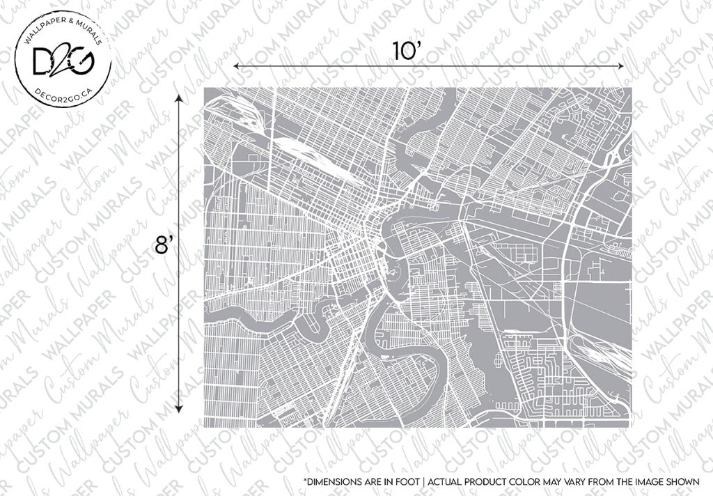 A black, white, and grey stylized map depicting the urban architectural design of a city's street layout from an aerial perspective, displayed on a fabric with dimensions labeled as 10 feet by 8 featuring the Grey Winnipeg Wallpaper Mural from Decor2Go Wallpaper Mural.