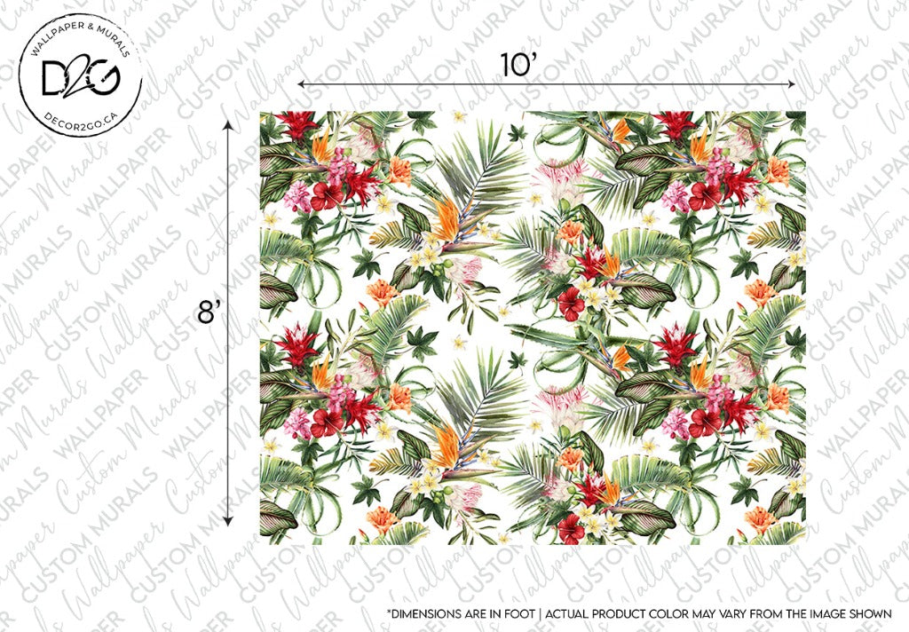 A vibrant Hawaiian Flora Wallpaper Mural pattern from Decor2Go Wallpaper Mural featuring lush greenery, palm leaves, and vivid blooms in orange and red hues, displayed with dimensions indicating a size of 10 feet by 8 feet.