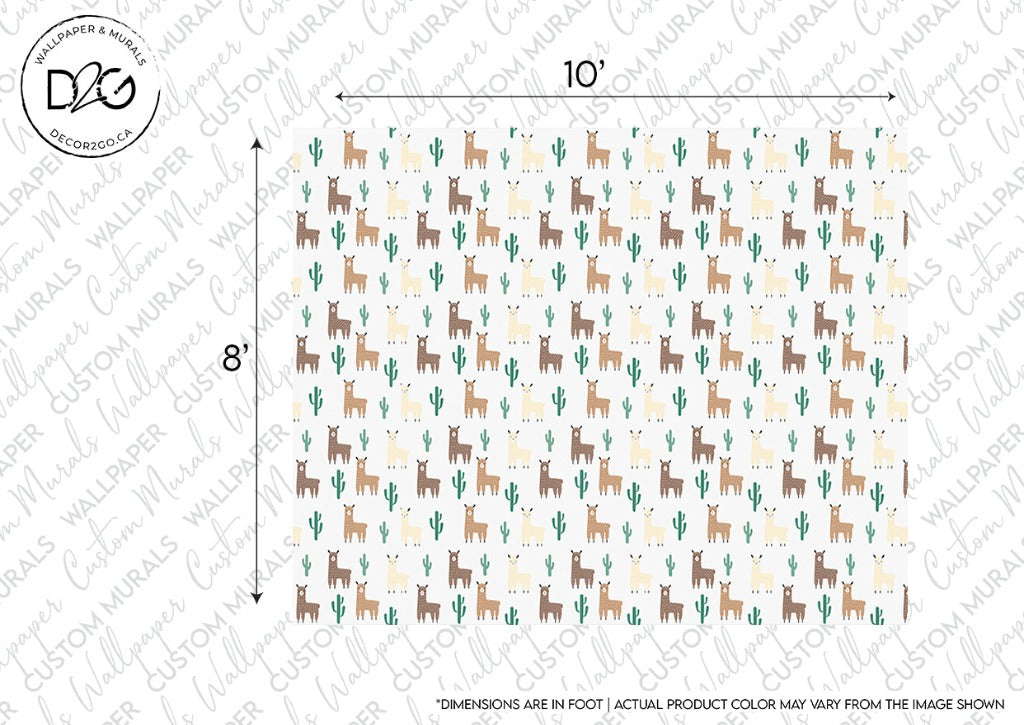 A Llama and Cactus Pattern Wallpaper Mural measuring 10 feet by 8 feet, featuring a pattern of green cacti and brown llamas on a light beige background. The text notes that actual product color may vary.