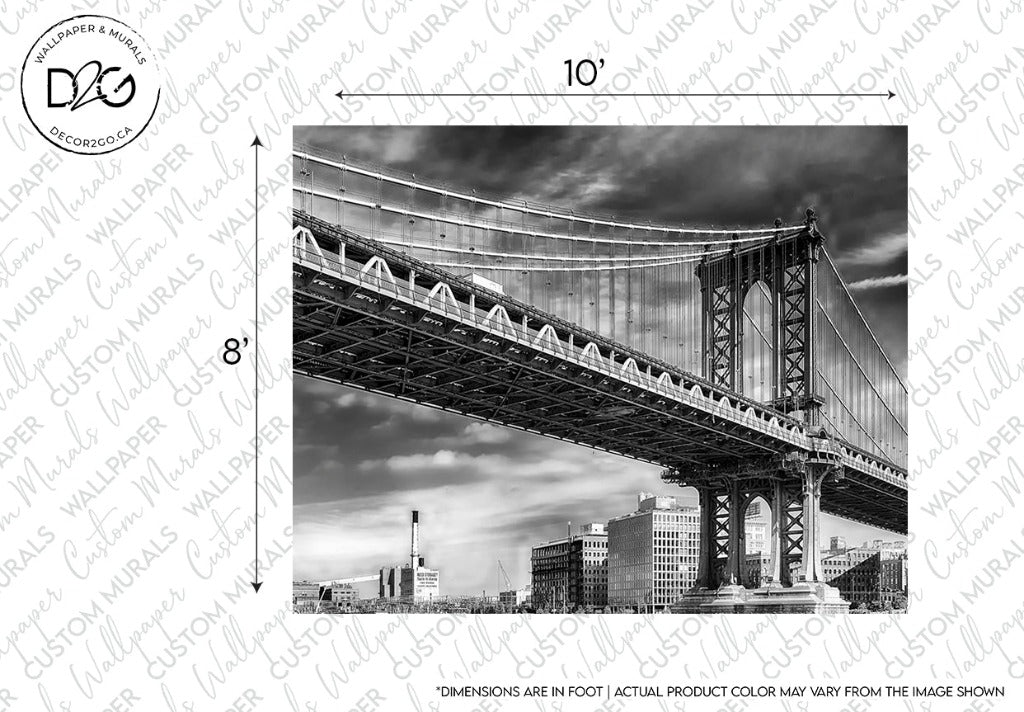 Decor2Go Manhattan Bridge Wallpaper Mural, showcasing its intricate architectural design in black and white, viewed from an angle that includes part of the city skyline under a cloudy sky.