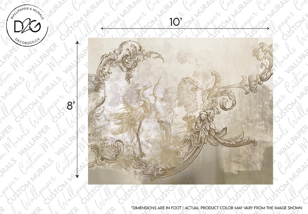 A Decor2Go Wallpaper Mural featuring a Modern Baroque design with intricate swirls and floral patterns in muted tones of gray and beige. The image displays the dimensions of 10 by 8 feet.