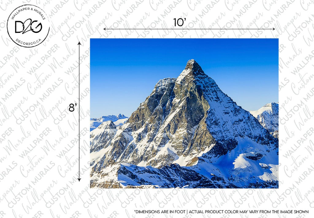A majestic snow-capped peak from the Matterhorn mountain range under a bright blue sky, with sharp ridges and textured snowy slopes, showcased within measurement guidelines, featuring the Decor2Go Wallpaper Mural Mountain Tops Wallpaper Mural.