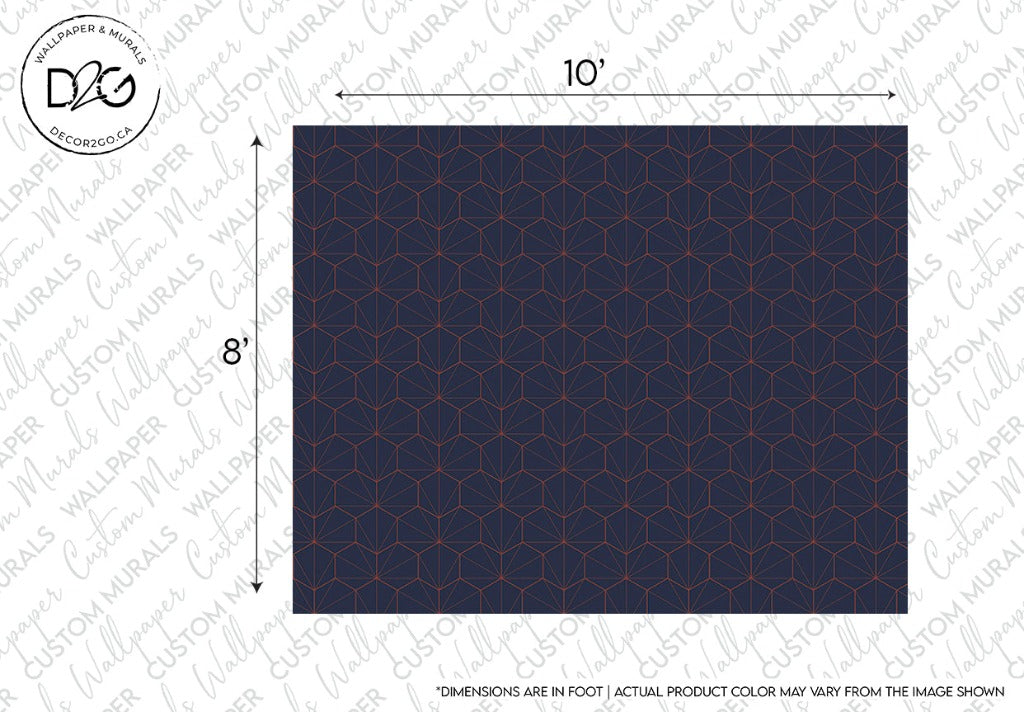 A Decor2Go Wallpaper Mural sample showcasing a geometrical pattern of interlinked lines forming star shapes, primarily in dark blue with red accents, measuring 10 by 8 feet. Note indicates product color may vary from Navy and Red Hexagons Wallpaper Mural.