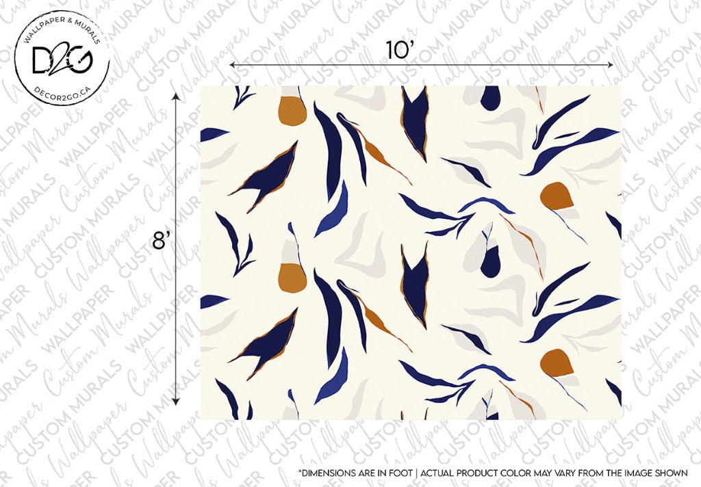 A Neutral Abstract - Art Wallpaper Mural from Decor2Go Wallpaper Mural featuring navy blue and white leaves interspersed with small orange and tan accents, measured at 10 by 8 feet, ideal for a feature wall. The disclaimer notes potential