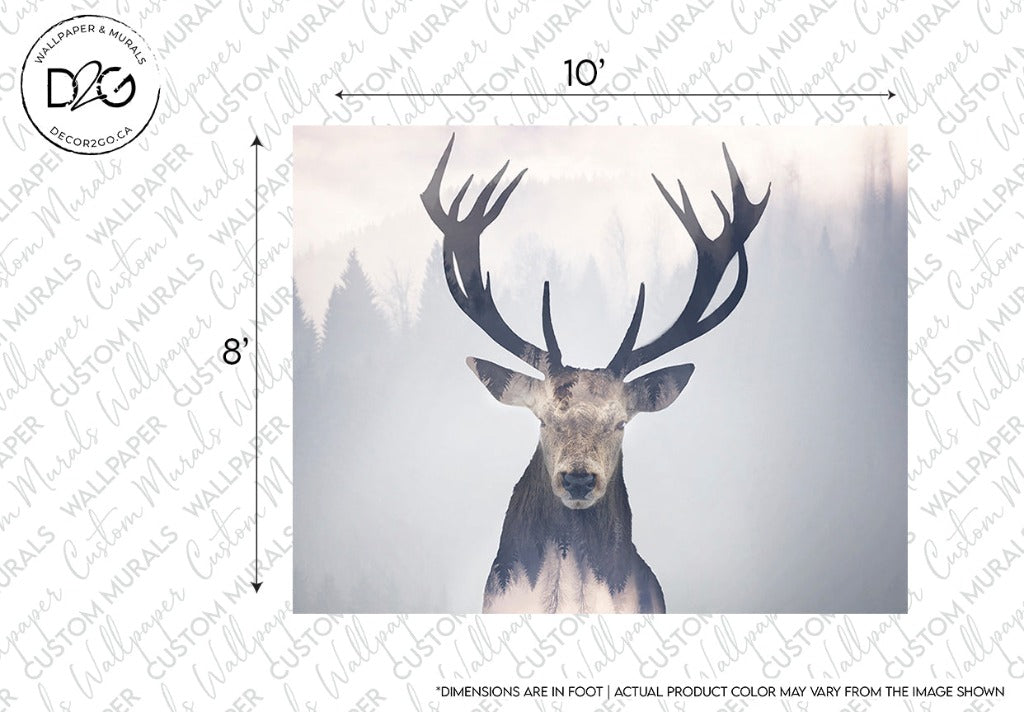 A Oh Deer! Wallpaper Mural design featuring a close-up image of a deer with expansive antlers, set against a misty, tranquil forest setting. The design has measurement markings and a note on color variability.