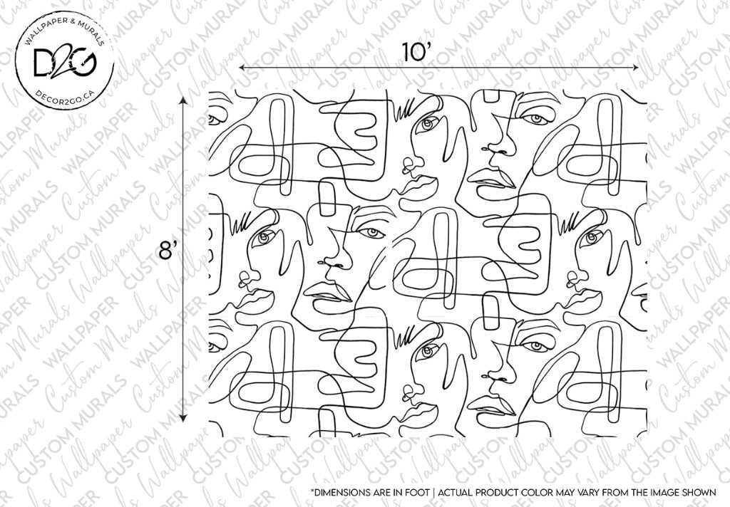 Black and white line art featuring Decor2Go Wallpaper Mural's One Line Portraits Wallpaper Mural intertwined in a grid, with dimensions marked on the border indicating size.