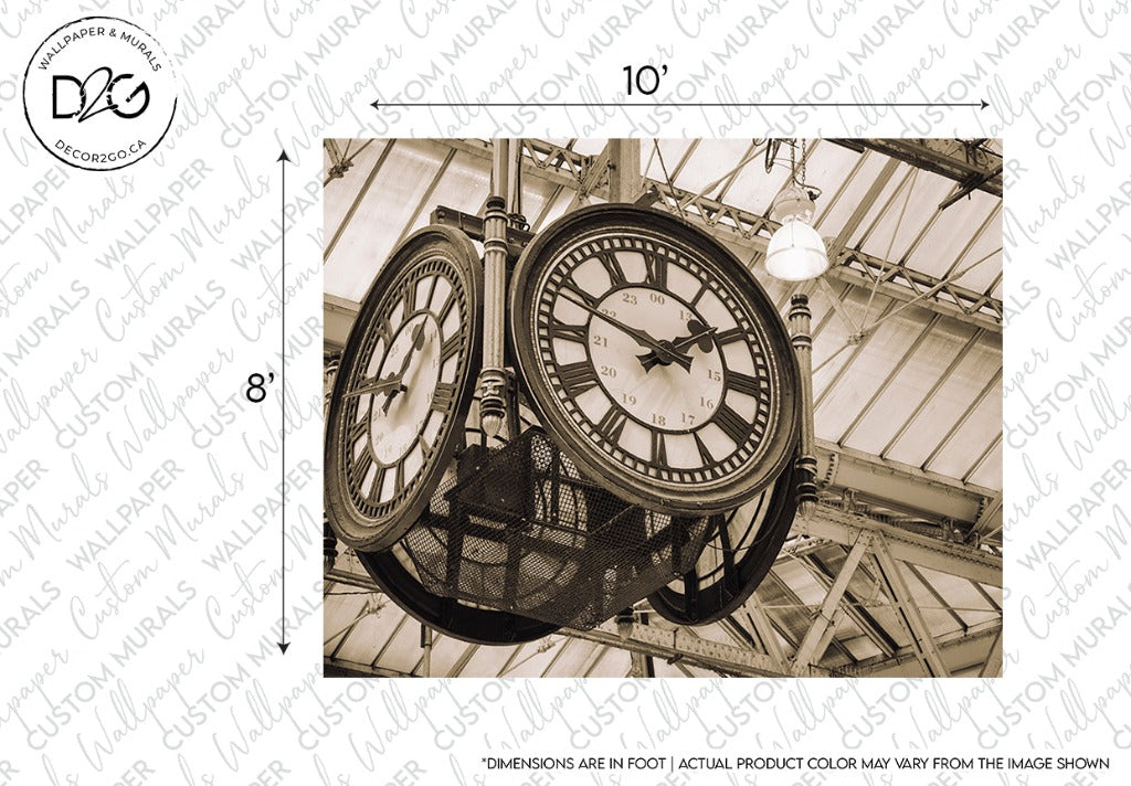 Vintage-style clocks featuring steampunk aesthetics hang from a glass ceiling, with sizes marked as 10" and 8", presented in monochrome with a note on varying On time Clockwork Wallpaper Mural colors by Decor2Go Wallpaper Mural.